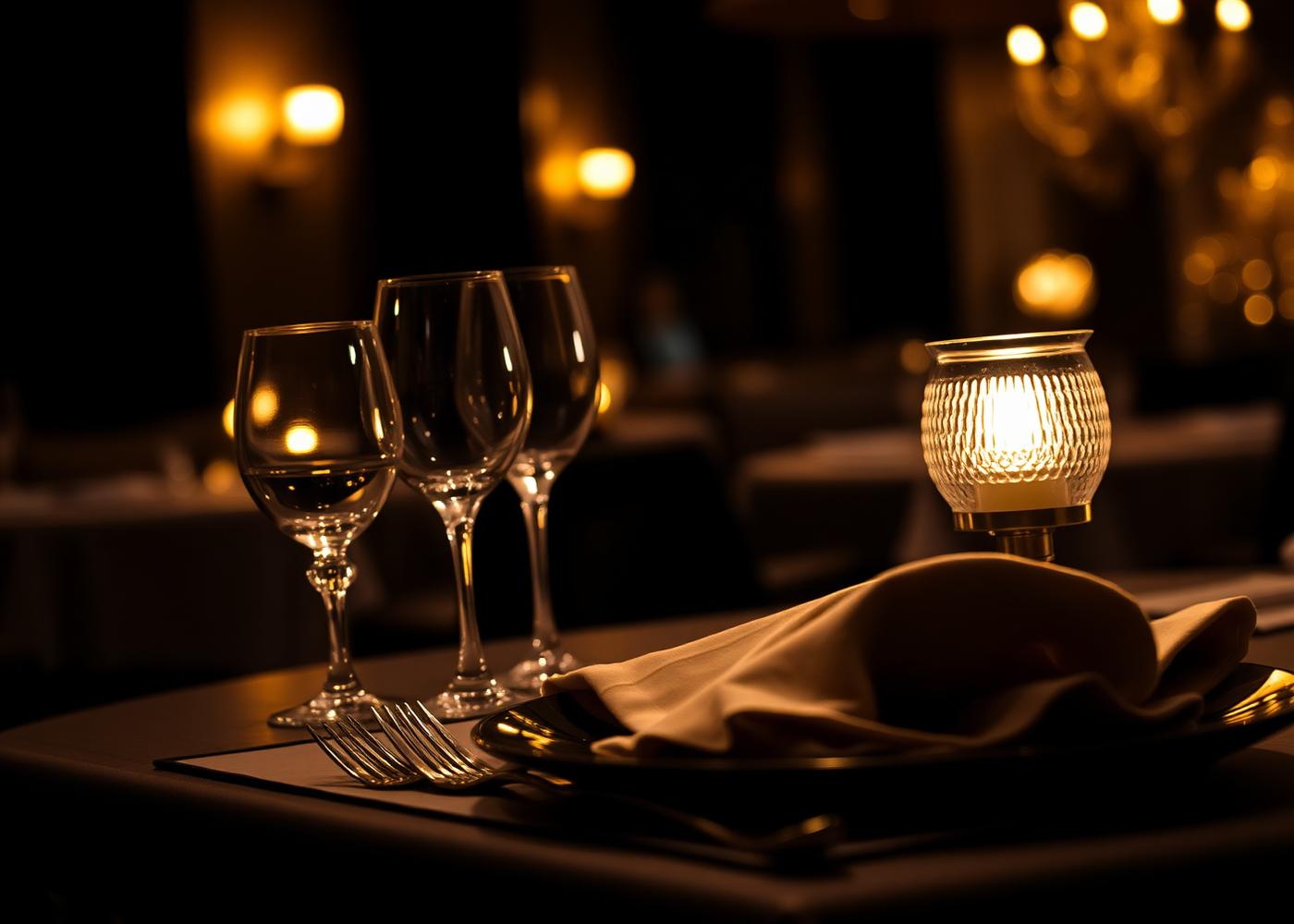 Mesa posta num restaurante elegante com iluminação quente